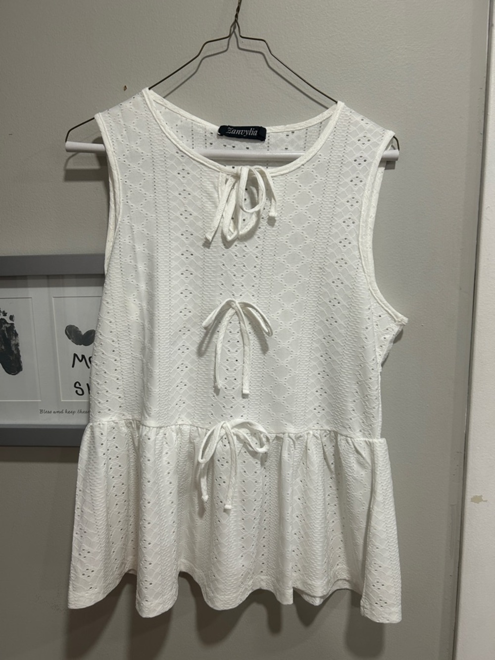 Women's White Eyelet Tie-Front Peplum Tank